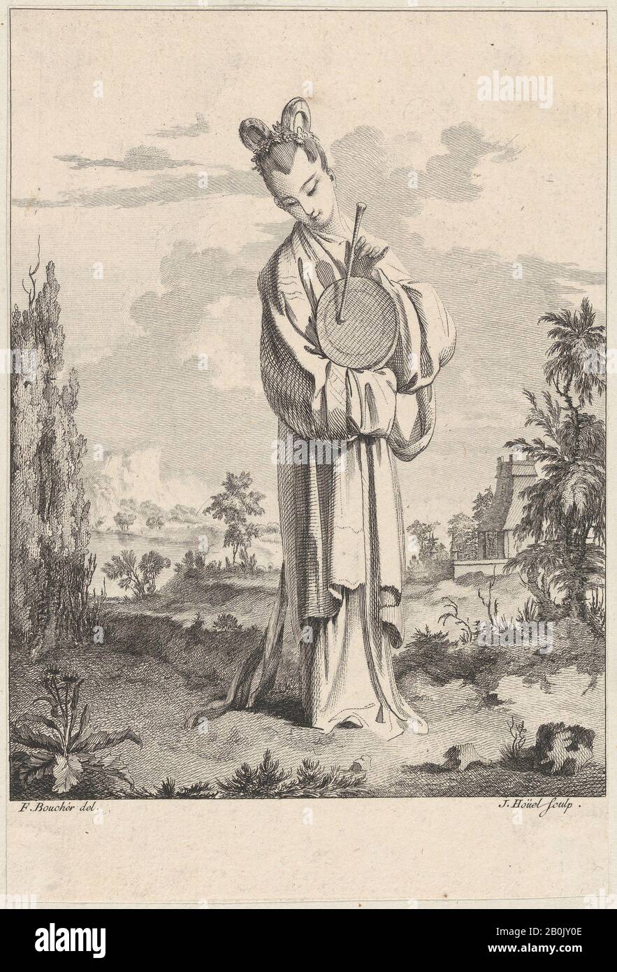 Jean Pierre Louis Laurent Hoüel, Chinoiserie mit einer Frau, die einen Gong spielt, von Suite de Figures Chinoises. . .Tiré du Cabinet de Mr. D'Azaincourt (Serie von Persönlichkeiten der Chinoiserie. . .Von den Kammern von Herrn d'Azaincourt), Suite de Figures Chinoises. . .Tiré du Cabinet de Mr d'Azaincourt, Jean Pierre Louis Laurent Hoüel (Französisch, Rouen 1735-1813 Paris), Nach François Boucher (Französisch, Paris 1703-1770 Paris), 1755-76, Radierung und Gravur, Blatt: 8 3/8 × 5 9/16 Zoll. (21,2 × 14,2 cm Stockfoto