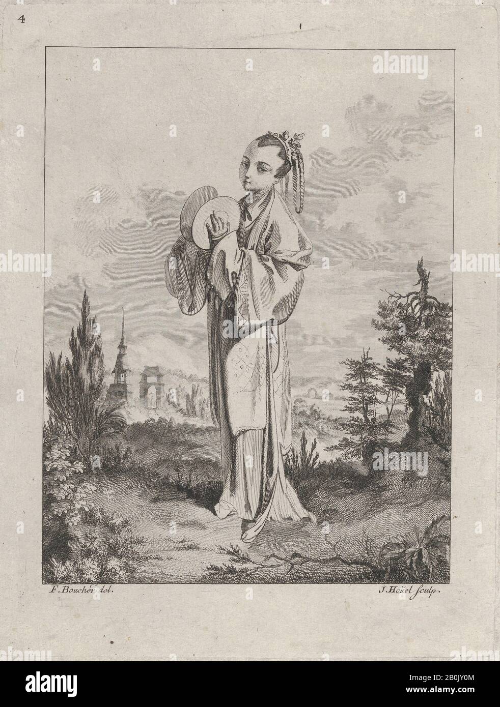 Jean Pierre Louis Laurent Hoüel, Chinoiserie mit einer Frau, die Becken hält, von Suite de Figures Chinoises. . .Tiré du Cabinet de Mr. D'Azaincourt (Serie von Persönlichkeiten der Chinoiserie. . .Von den Kammern von Herrn d'Azaincourt), Platte 4, Suite de Figures Chinoises. . .Tiré du Cabinet de Mr d'Azaincourt, Jean Pierre Louis Laurent Hoüel (Französisch, Rouen 1735-1813 Paris), Nach François Boucher (Französisch, Paris 1703-1770 Paris), 1755-76, Radierung und Gravur, Platte: 9 Zoll × 6 3/4 Zoll (22,8 × 17,2 cm), Blatt: 13 3/4 × 10 7/16 Zoll (35 × 26,5 cm Stockfoto