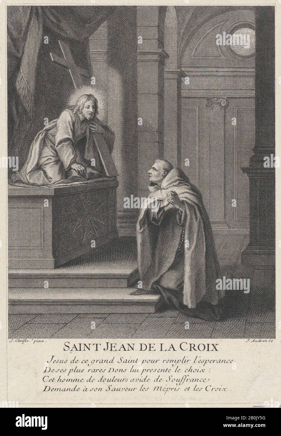 Jean Audran, St John of the Cross, Jean Audran (Französisch, Lyon 1667-176 Paris), Nach Jules Christophe, n.d., Radierung und Gravur, Blatt (getrimmt): 7 13 / 16 × 5 5/16 in. (19,9 × 13,5 cm), Ausdrucke Stockfoto