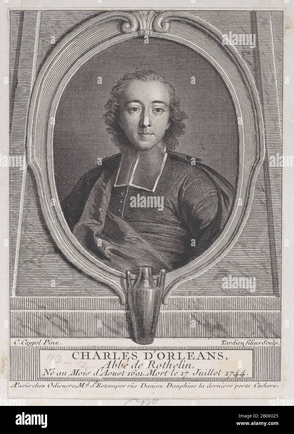 Nicolas Henry Tardieu, Porträt von Charles d'Orleans, Abbe von Rothelin, Nicolas Henry Tardieu (Französisch, Paris 1674-1749 Paris), Nach Charles Antoine Coypel (Französisch, Paris 1694-1752 Paris), Charles d'Orléans de Rothelin (Französisch, 1691-1744), 1744-49, Radierung und Gravur, Blatt (Gestutzt): 5 13 / 16 × 4 1/8 im Jahr. (14,8 × 10,5 cm), Ausdrucke Stockfoto