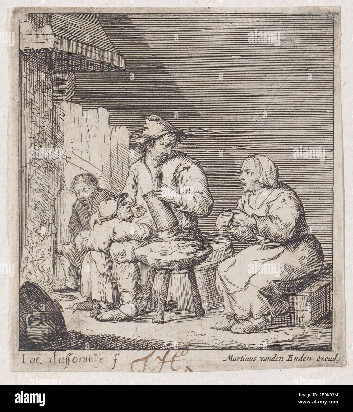 Jacques Dassonville, EINE Familie von vier Bauern, versammelte sich vor dem Kamin, Jacques Dassonville (Französisch, CA. 1619-ca. 1670), ca. 1640-70, Ätzung; zweiter Zustand von zwei, Blatt (Getrimmt): 3 7/16 × 3 3/16 Zoll (8,8 × 8,1 cm), Ausdrucke Stockfoto