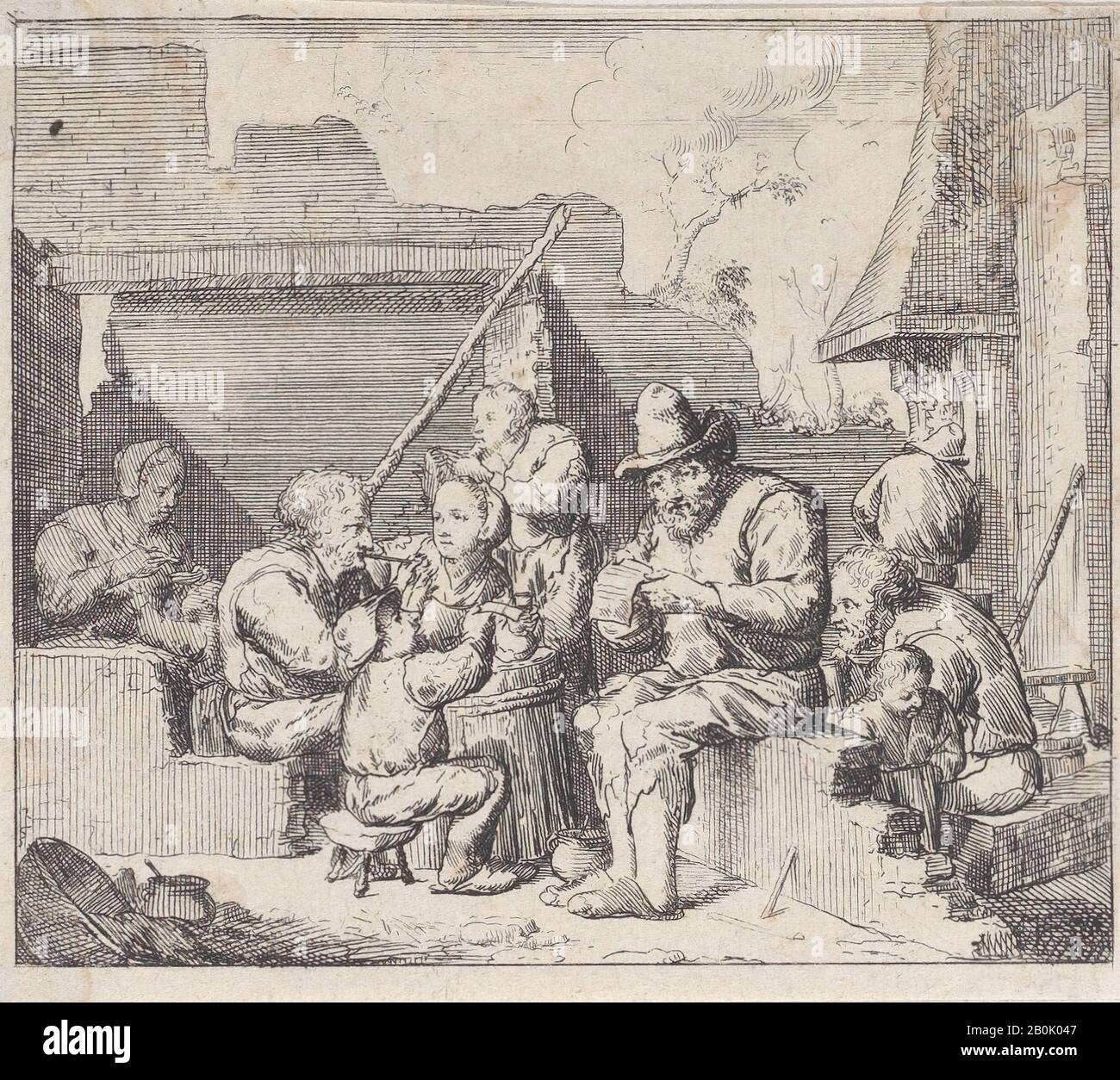 Jacques Dassonville, Zehn Bauern in einem zerstörten Haus mit einem sitzenden Mann im Zentrum, der ein Papier liest, Jacques Dassonville (Französisch, CA. 1619-ca. 1670), ca. 1640-70, Ätzung, Blech (Getrimmt): 3 3/16 × 3 9/16 Zoll (8,1 × 9,1 cm), Ausdrucke Stockfoto