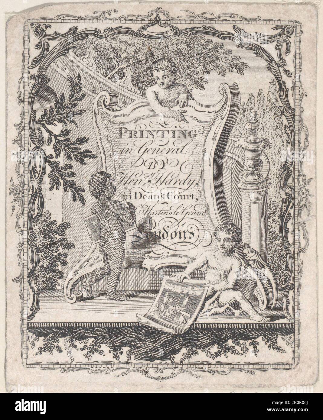 Anonym, Britisch, 19. Jahrhundert, Handelskarte für Henry Hardy, Printer, Anonymous, Britisch, 19. Jahrhundert, Gravur, Blatt: 4 3/4 × 3 7/8 Zoll. (12 × 9,8 cm Stockfoto