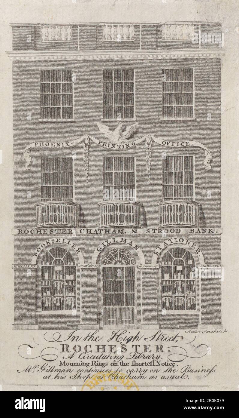 Anker Smith, Handelskarte für W. Gillman's Phoenix Printing Office, Anker Smith (Britisch, London 1759-1819 London), 18. Jahrhundert, Gravur, Blatt: 5 11/16 × 3 7/16 Zoll. (14,4 × 8,8 cm Stockfoto