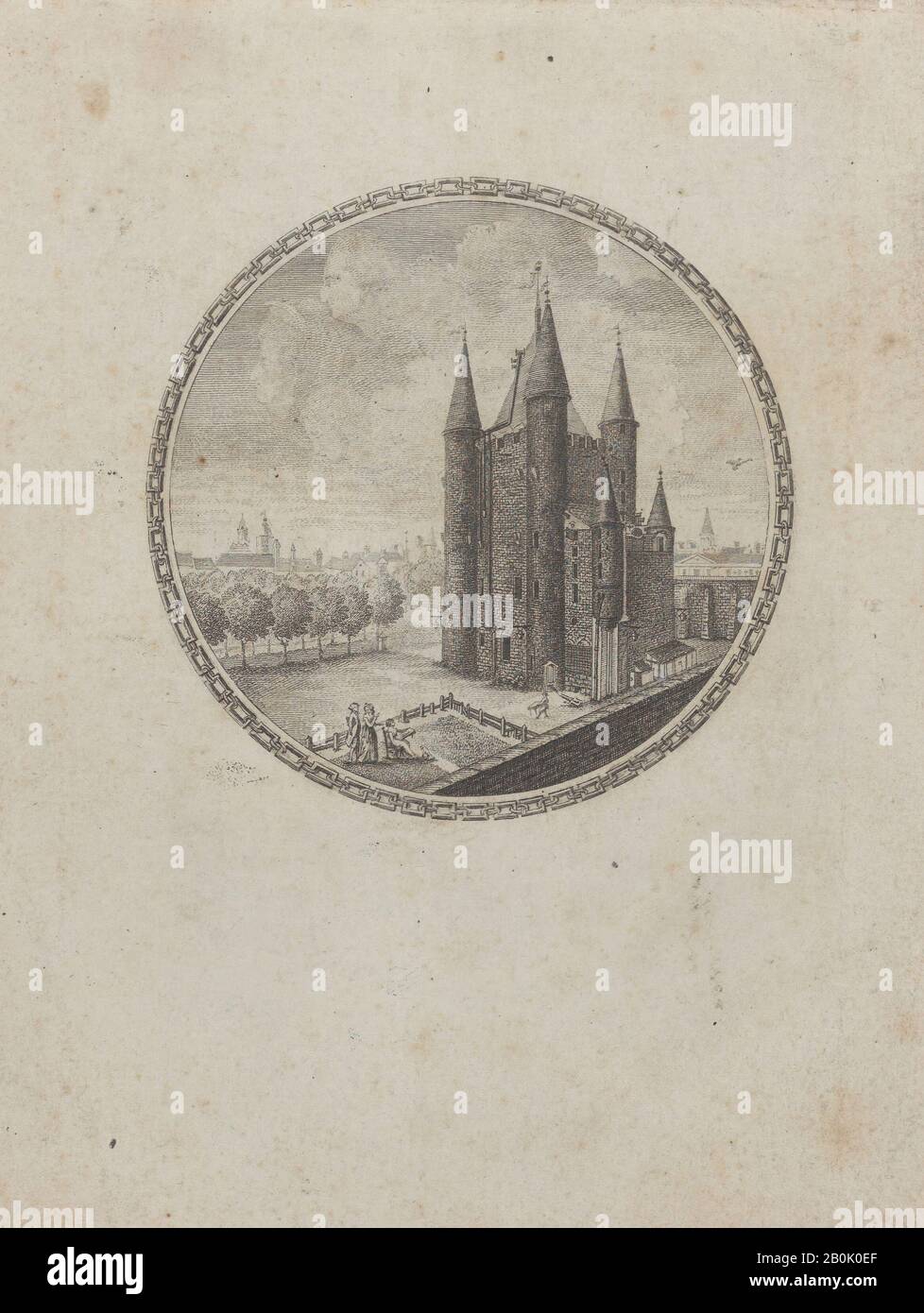 Anonymer, kreisrunder Blick auf die Conciergerie mit verborgenen Silhouetten der Königsfamilie in den Wolken, Anonymous, Französisch, 18. Jahrhundert, 18. Jahrhundert, Radierung, Bild: 2 5/8 × 2 5/8 Zoll (6,7 × 6,7 cm), Blatt: 5 5/16 × 4 1/8 Zoll (13,5 × 10,5 cm), Ausdrucke Stockfoto