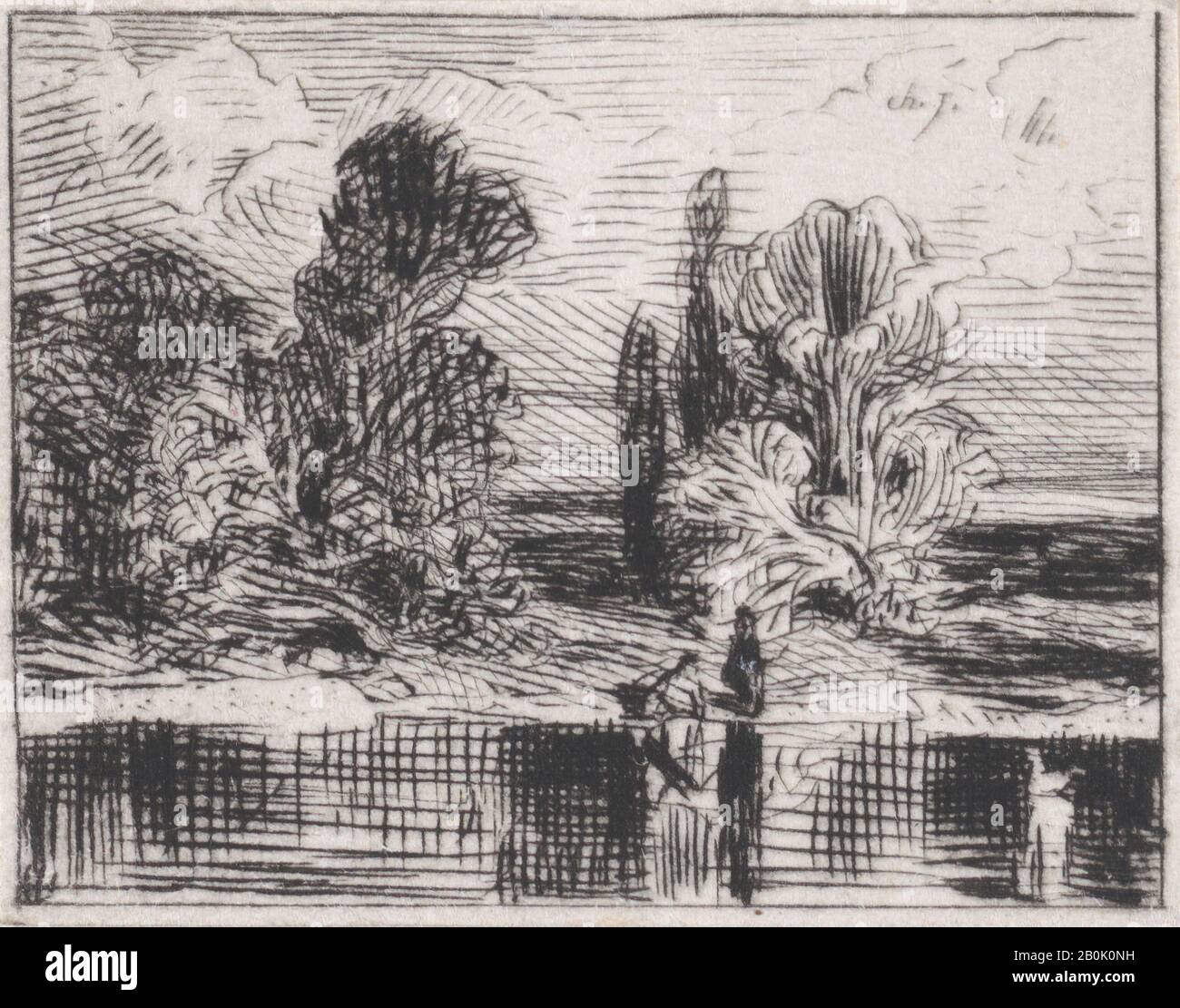 Charles Jacque, Landscape, Charles Jacque (Französisch, Paris, 18-1894 Paris), 1543, Drypoint, Blatt (Getrimmt): 1 9/16 × 2 1/16 Zoll. (4 × 5,3 cm), Ausdrucke Stockfoto