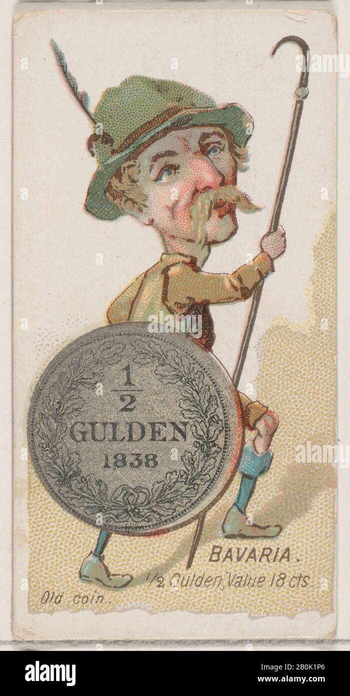Herausgegeben von W. Herzog, Sons & Co., Bayern, 1/2 Gulden, aus der Serie Coins of All Nations (N72, Variation 1) für Herzog-Markenzigaretten, 1889, Commercial Color lithograph, Blatt: 2 3/4 x 1 1/2 Zoll. (7 x 3,8 cm Stockfoto