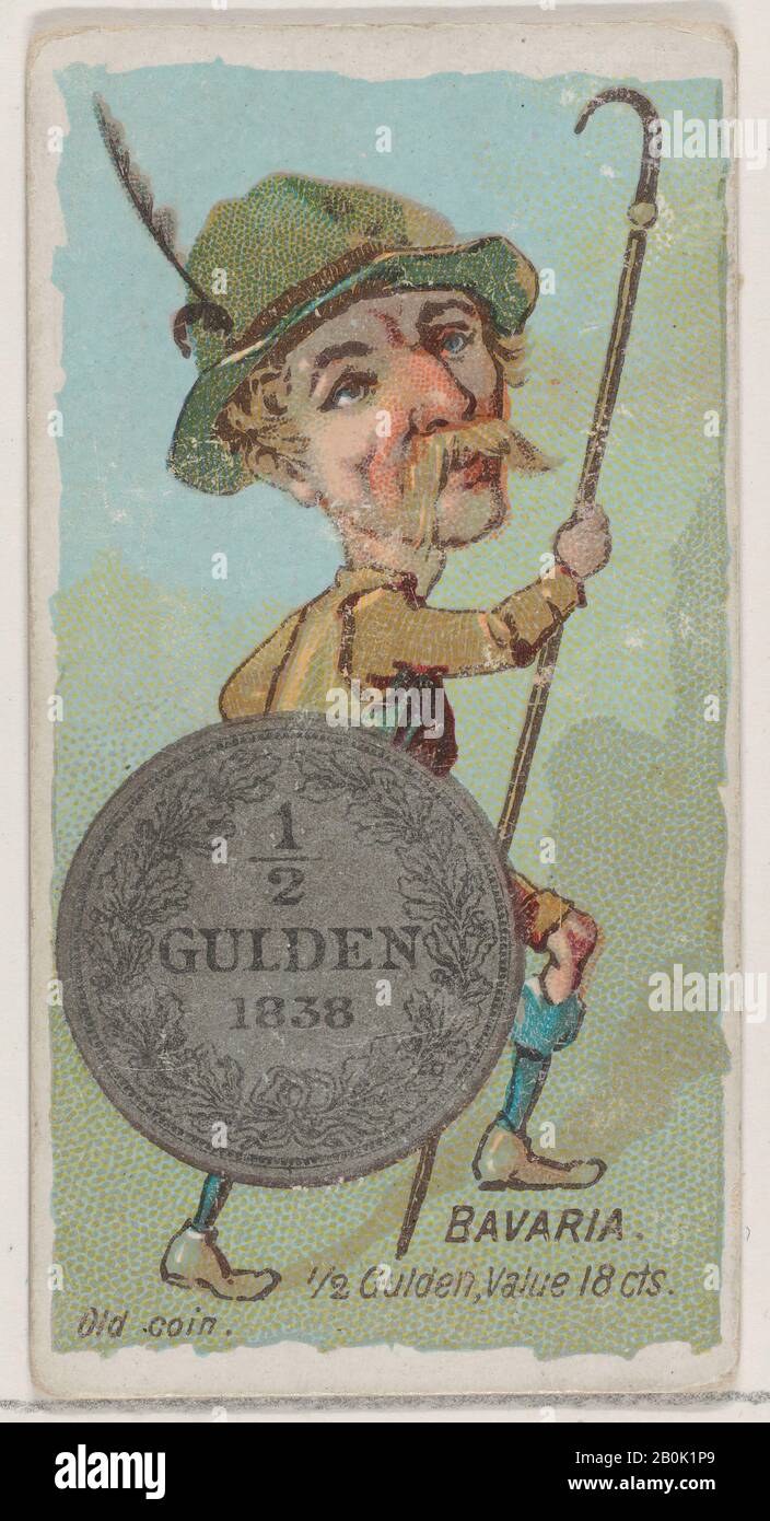 Herausgegeben von W. Herzog, Sons & Co., Bayern, 1/2 Gulden, aus der Serie Coins of All Nations (N72, Variation 2) für Herzog-Markenzigaretten, 1889, Commercial Color lithograph, Blatt: 2 3/4 x 1 1/2 Zoll. (7 x 3,8 cm Stockfoto