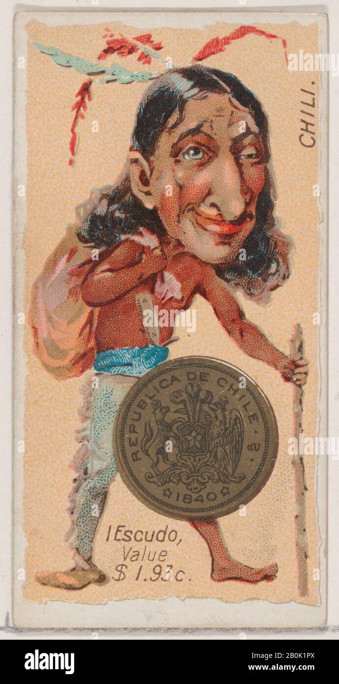 Herausgegeben von W. Duke, Sons & Co., Chili, 1 Escudo, aus der Serie Coins of All Nations (N72, Variation 2) für Zigaretten der Marke "Duke", 1889, Commercial Color lithograph, Blatt: 2 3/4 x 1 1/2 Zoll. (7 x 3,8 cm Stockfoto