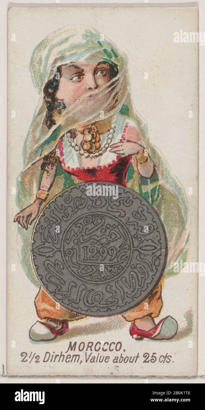 Herausgegeben von W. Duke, Sons & Co., Marokko, 2 1/2 Dirhem, aus der Serie Coins of All Nations (N72, Variation 2) für Zigaretten der Marke Herzog, 1889, Commercial Color lithograph, Blatt: 2 3/4 x 1 1/2 in. (7 x 3,8 cm Stockfoto