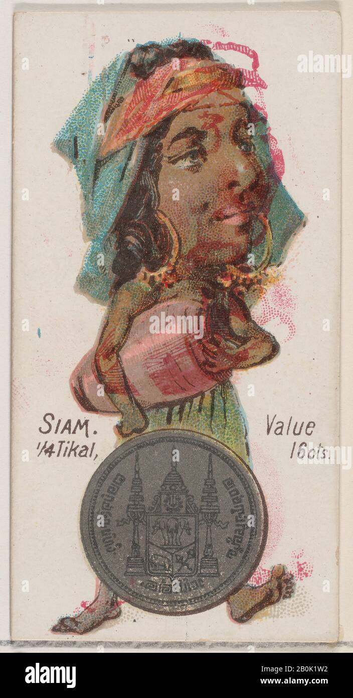 Herausgegeben von W. Duke, Sons & Co., Siam, 1/4 Tikal, aus der Serie Coins of All Nations (N72, Variation 1) für Zigaretten der Marke Herzog, 1889er, Kommerzieller Farblithograph, Blatt: 2 3/4 x 1 1/2 Zoll. (7 x 3,8 cm Stockfoto