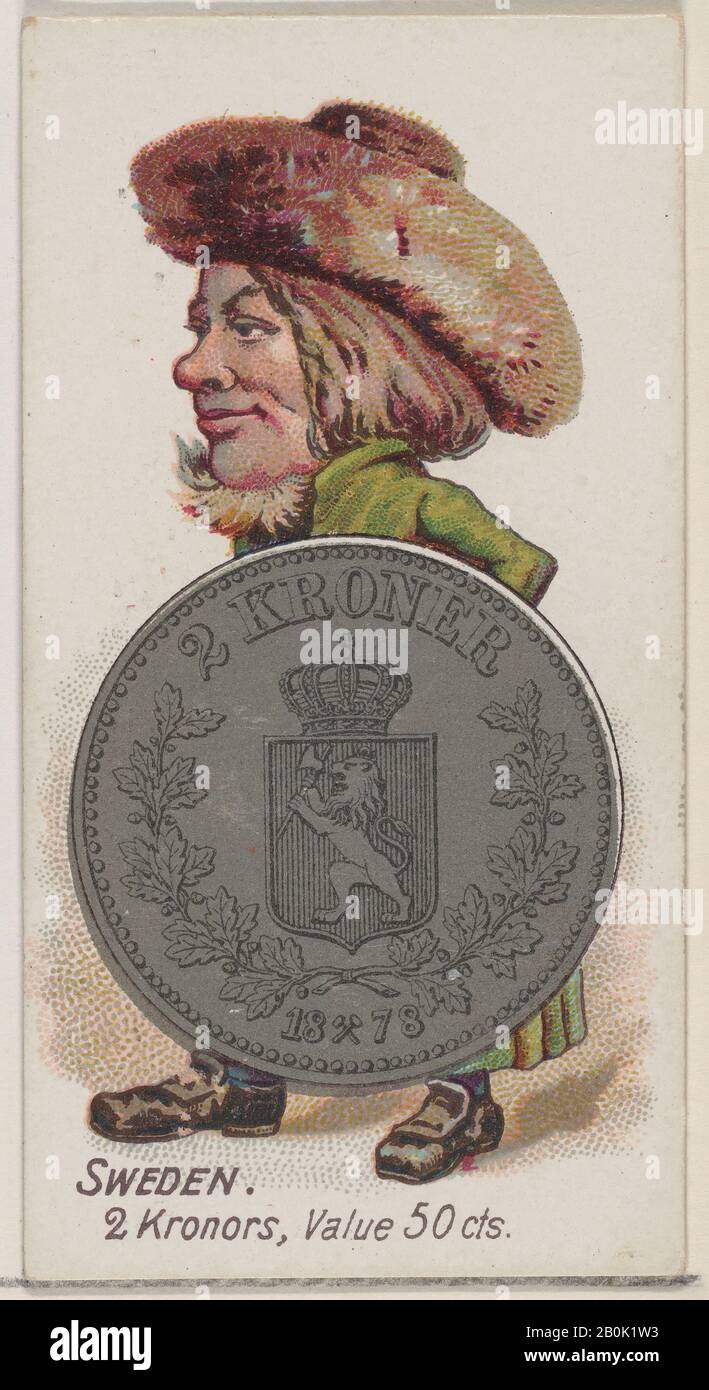 Herausgegeben von W. Duke, Sons & Co., Schweden, 2 Kronors, aus der Serie Coins of All Nations (N72, Variation 1) für Zigaretten der Marke Herzog, 1889, Commercial Color lithograph, Blatt: 2 3/4 x 1 1/2 Zoll. (7 x 3,8 cm Stockfoto