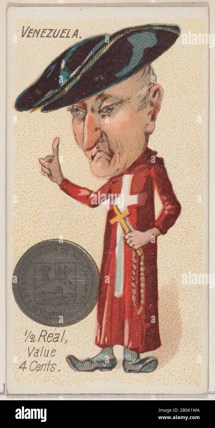 Herausgegeben von W. Herzog, Sons & Co., Venezuela, 1/2 Real, aus der Serie Coins of All Nations (N72, Variation 2) für Zigaretten der Marke Herzog, von 1889, Kommerzieller Farblithograph, Blatt: 2 3/4 x 1 1/2 Zoll. (7 x 3,8 cm Stockfoto