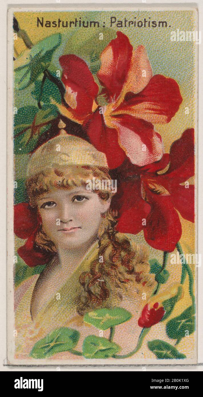 Herausgegeben von der Zigarettenbranche des American Tobacco Company, Nasturtium: Patriotismus, aus der Serie Floral Beauties and Language of Flowers (N75) für Zigaretten der Marke "Duke", Lithographie von Donaldson Brothers (American, New York), 1892, Kommerzieller Farblithograph, Blatt: 2 3/4 × 1 1/2 in. (7 × 3,8 cm Stockfoto