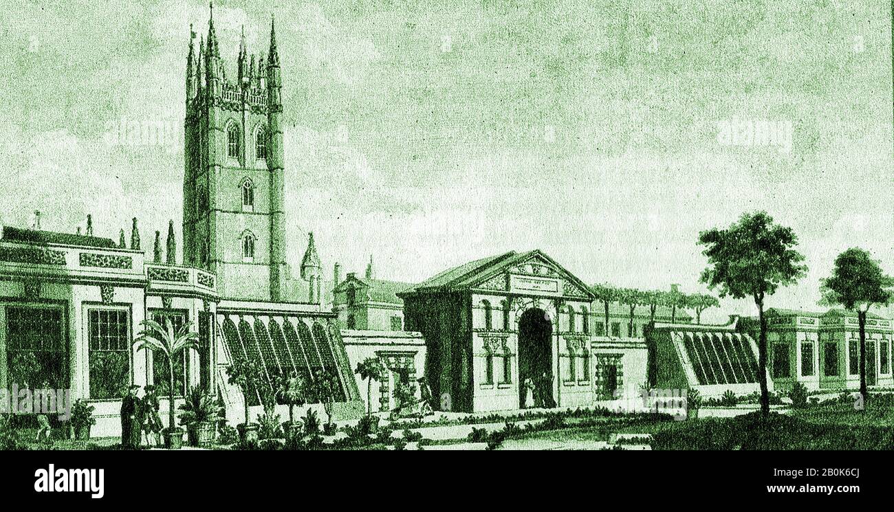 Ein Blick auf den Physic Garden an der Universität Oxford aus dem 18. Jahrhundert, Heute der älteste botanische Garten Großbritanniens und einer der ältesten Gärten dieser Art der Welt. Sie bildet heute den Oxford Botanic Garden & Arboretum, Großbritannien. Sie wurde 1621 als Garten gegründet, in dem Pflanzen zu medizinischen Zwecken angebaut wurden. Die erste Finanzierung erfolgte durch Henry Danvers, 1st earl of Danby (North Yorkshire). Er wählte einen Standort an der Christuskirche Meadow, der dem Magdalen College gehörte, von dem ein Teil zuvor ein jüdischer Friedhof war (nach der Vertreibung der Juden aus England) Stockfoto