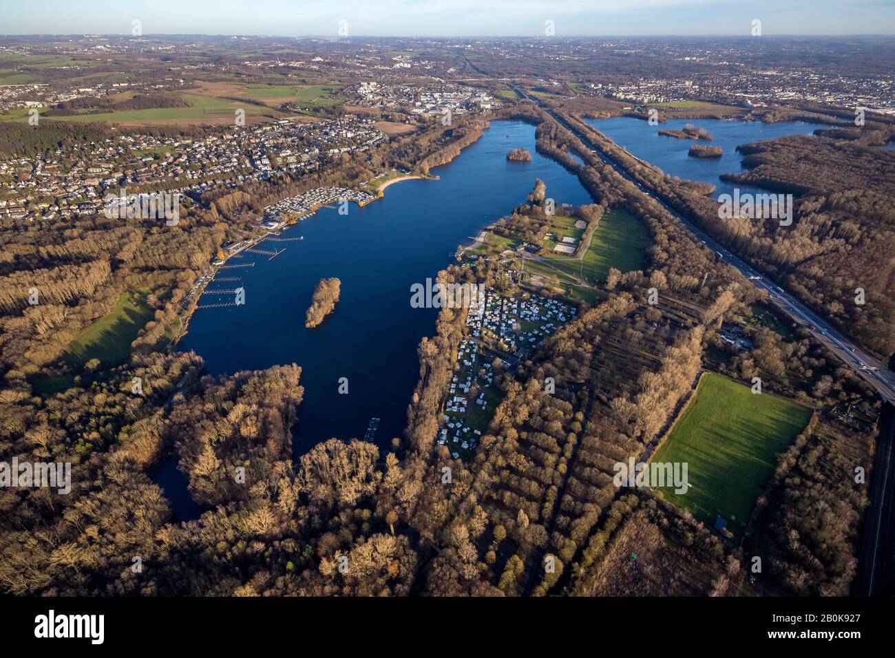 Luftbild, Blick auf Unterbach, Unterbacher See, Elbe, Autobahn A46