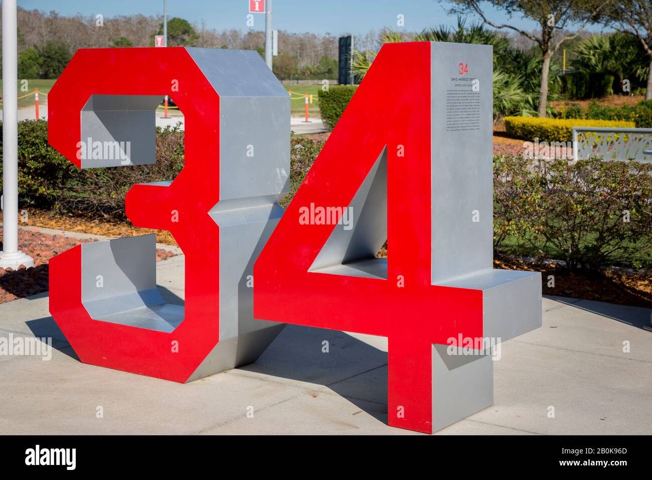 Nummer 34 - die Anzahl der ehemaligen Spieler David Ortiz von den Boston Red Sox im JetBlue Park, Ft Myers, Florida, USA, wurde zurückgezogen Stockfoto