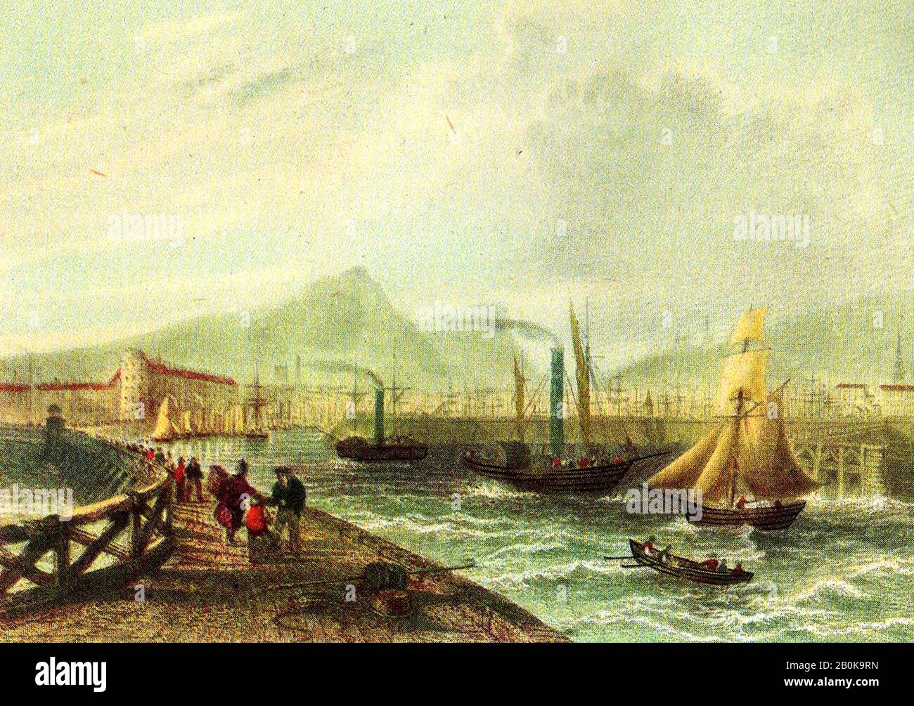 Eine historische farbige Gravur, die den Hafen von Greenock, Renfrewshire, Schottland, in den frühen 1800er Jahren zeigt. Etwa 1635 ließ Sir John Schaw einen Steg in die Bucht ausbauen, der als Sir John's Bay bekannt wurde Stockfoto
