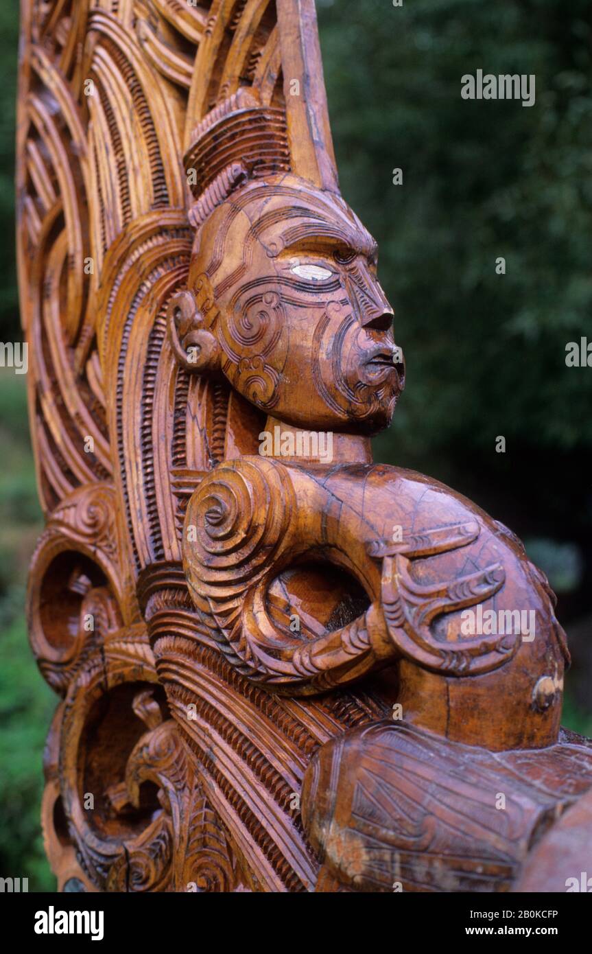 NEUSEELAND, IN DER NÄHE VON ROTORUA, DETAIL DES GESCHNITZTEN KANUS Stockfoto