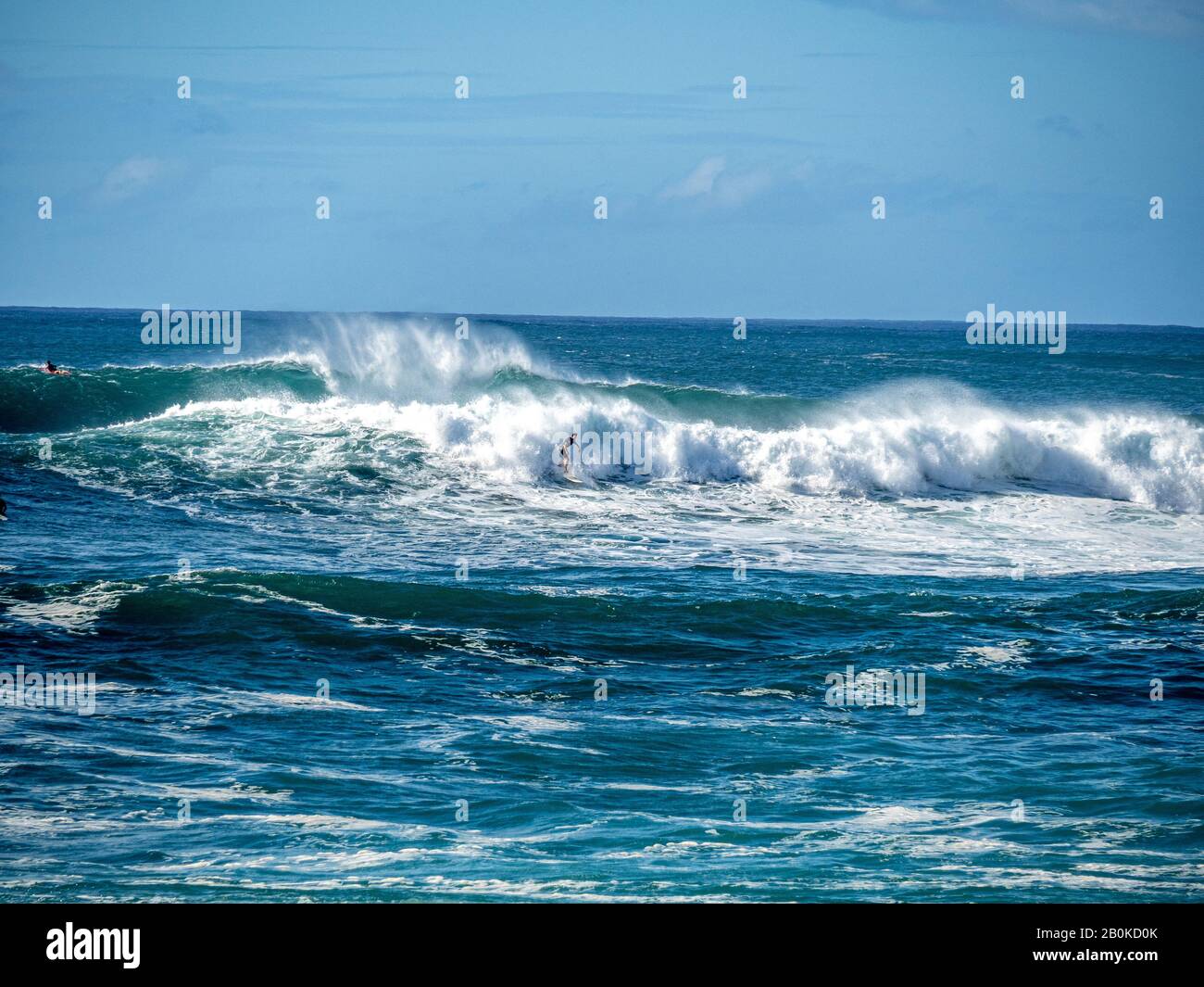 Surfer genießen große Wellen am Nordufer von Oahu mit Aquamarin Meere, weißem Schaum und blauem Himmel. Stockfoto