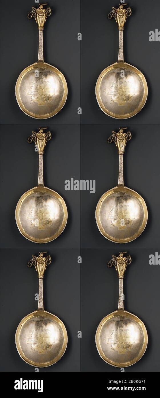 Löffel mit Kronenoberteil (einer von drei), Schwedisch, 16. Jahrhundert, Schwedisch, Silber, Paketgold, Länge: 5 3/4 Zoll. (14,6 cm), Metalwork-Silber Stockfoto