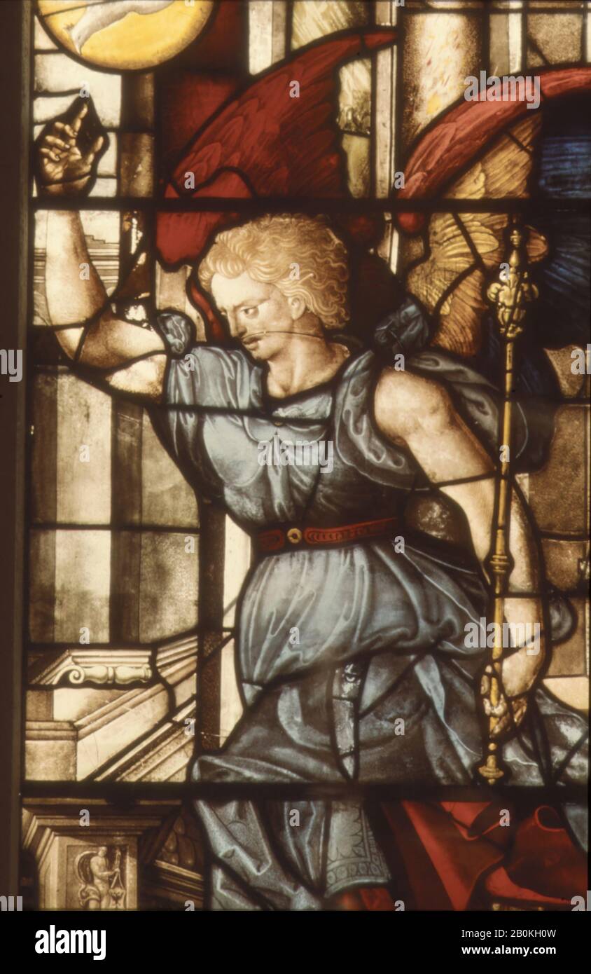 Der Engel Gabriel (einer von einem Paar), Französisch, Paris, 1552, Französisch, Paris, Farbig, gefleckt und emailliert Glas, Insgesamt: 64 × 28 Zoll. (162,6 × 71,1 cm), Glass-Sad Stockfoto