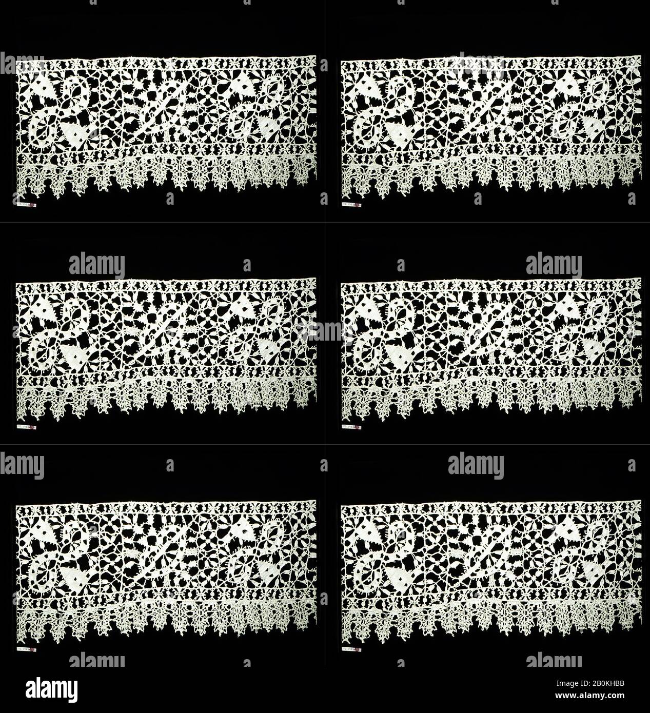 Fragment, Italienisch, 16.-17. Jahrhundert, Italienisch, Nadelspitze, Punto in Arie, L. 31 x W. 6 Zoll (78,7 x 15,2 cm), Textil-Laces Stockfoto