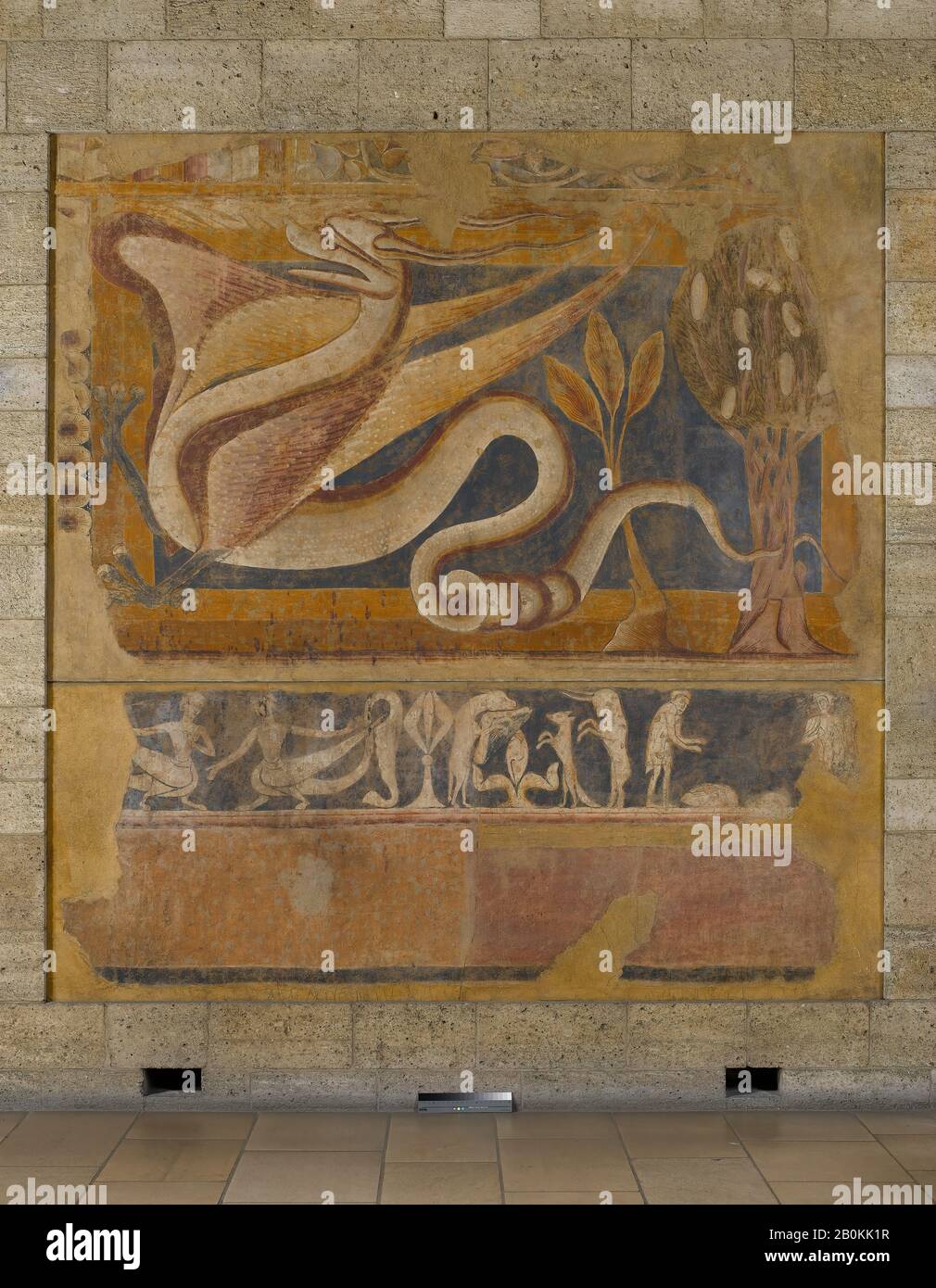 Dragon, Spanisch, nach 1200, Spanisch, Fresko, auf Leinwand montiert, Gesamt: 131 x 132 Zoll (332,7 x 335,3 cm), (obere Abdeckung): 83 x 132 Zoll (210,8 x 335,3 cm), (Bodenplatte): 48 x 132 Zoll (121,9 x 335,3 cm), Paintings-Fresco Stockfoto