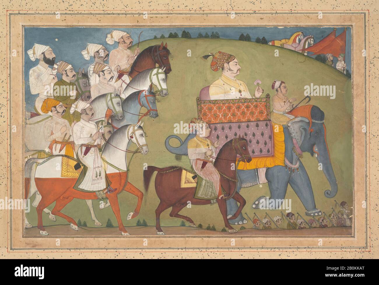 Maharaja Raj Singh wird Nihal Chand zugeschrieben und in Einer Prozession mit Mitgliedern seines Gerichtshofs, Indien (Rajasthan, Junia), Dem Nihal Chand zugeschrieben, Ca. 1700, Indien (Rajasthan, Junia), Tinte, opakes Aquarell und Gold auf Papier, Bild: 8 1/4 x 12 3/4 Zoll. (21 x 32,4 cm), Gemälde Stockfoto