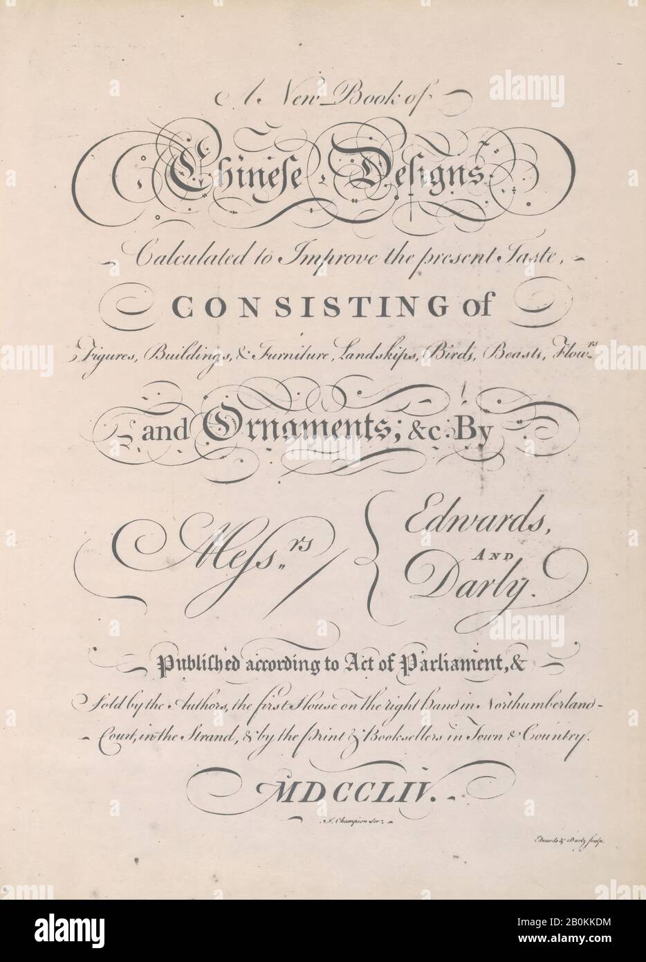 Matthew Darly, Titelseite von "A New Book of Chinese Designs", 1754, Photostat, Blatt: 11 7/16 × 8 7/16 in. (29 × 21,5 cm), Buch: 12 Zoll × 9 13 / 16 Zoll × 1 3/16 Zoll (30,5 × 25 × 3 cm Stockfoto