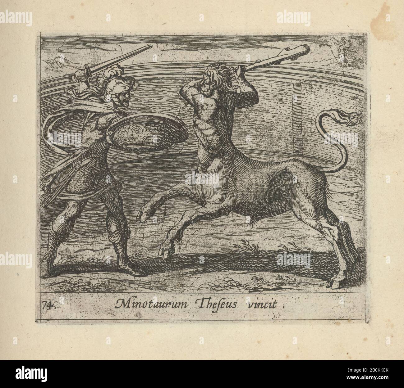 Antonio Tempesta, Theseus und der Minotaur (Minotaurum Theseus vincit), aus Den Metamorphosen von Ovid (Metamorphosisches Transformationum), Platte 74, Metamorphosen von Ovid, Antonio Tempesta (Italienisch, Florenz 1555-1630 Rom), Erschienen nach 1606, Radierung, Blatt: 6 7/8 x 7. (17,5 x 20 cm), Platte: 5 7/8 x 4 1/2 Zoll (15 x 11,5 cm), Ausdrucke Stockfoto
