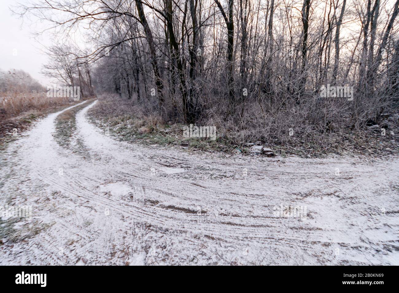 Winterstraße in der ungarischen Landschaft. Stockfoto