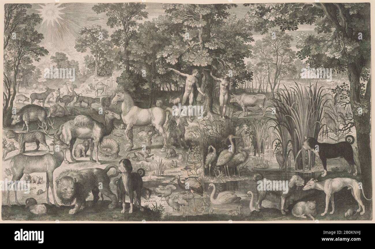 Nicolaes de Bruyn, Adam and Eve in Paradise, Nicolaes de Bruyn (Netherlandish, Antwerpen 1571-1656 Rotterdam), 1631, Gravur, Blatt: 26 3/8 × 17 13/16 in. (67 × 45,2 cm), Ausdrucke Stockfoto