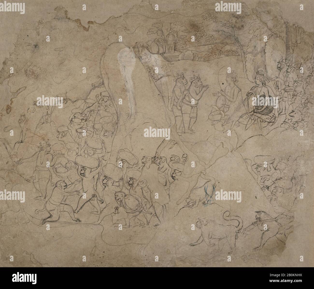 Bau der Brücke nach Lanka, Indien (Pahari Hills, Kangra), Ca. 1800, Indien (Pahari Hills, Kangra), Tinte und Wäsche mit transparentem Aquarell auf Papier, 10 1/2 x 12 5/8 Zoll. (26,7 x 32,1 cm), Gemälde Stockfoto