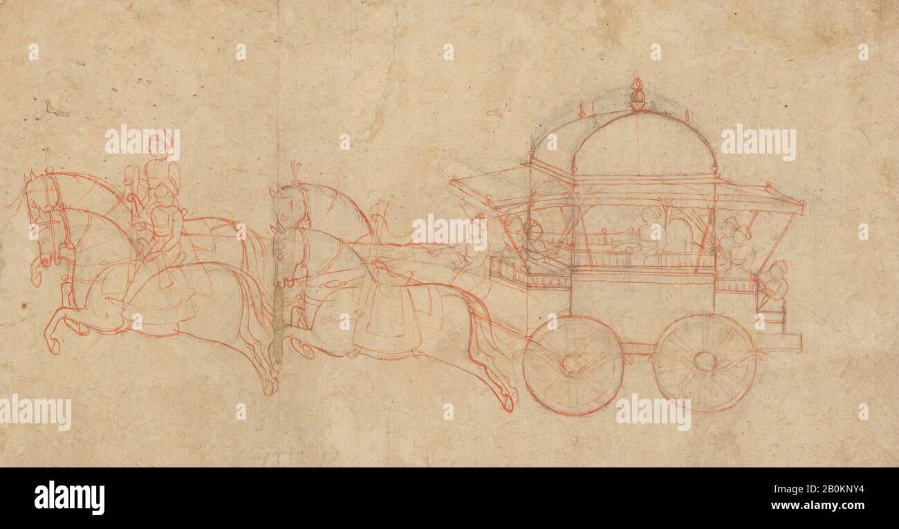 War Chariot, Indien (Rajasthan), Mitte des 19. Jahrhunderts, Indien (Rajasthan), Roter Ocker auf Papier, Bild (Anblick): 10 3/8 x 19 Zoll. (26,4 x 48,3 cm), Gemälde Stockfoto