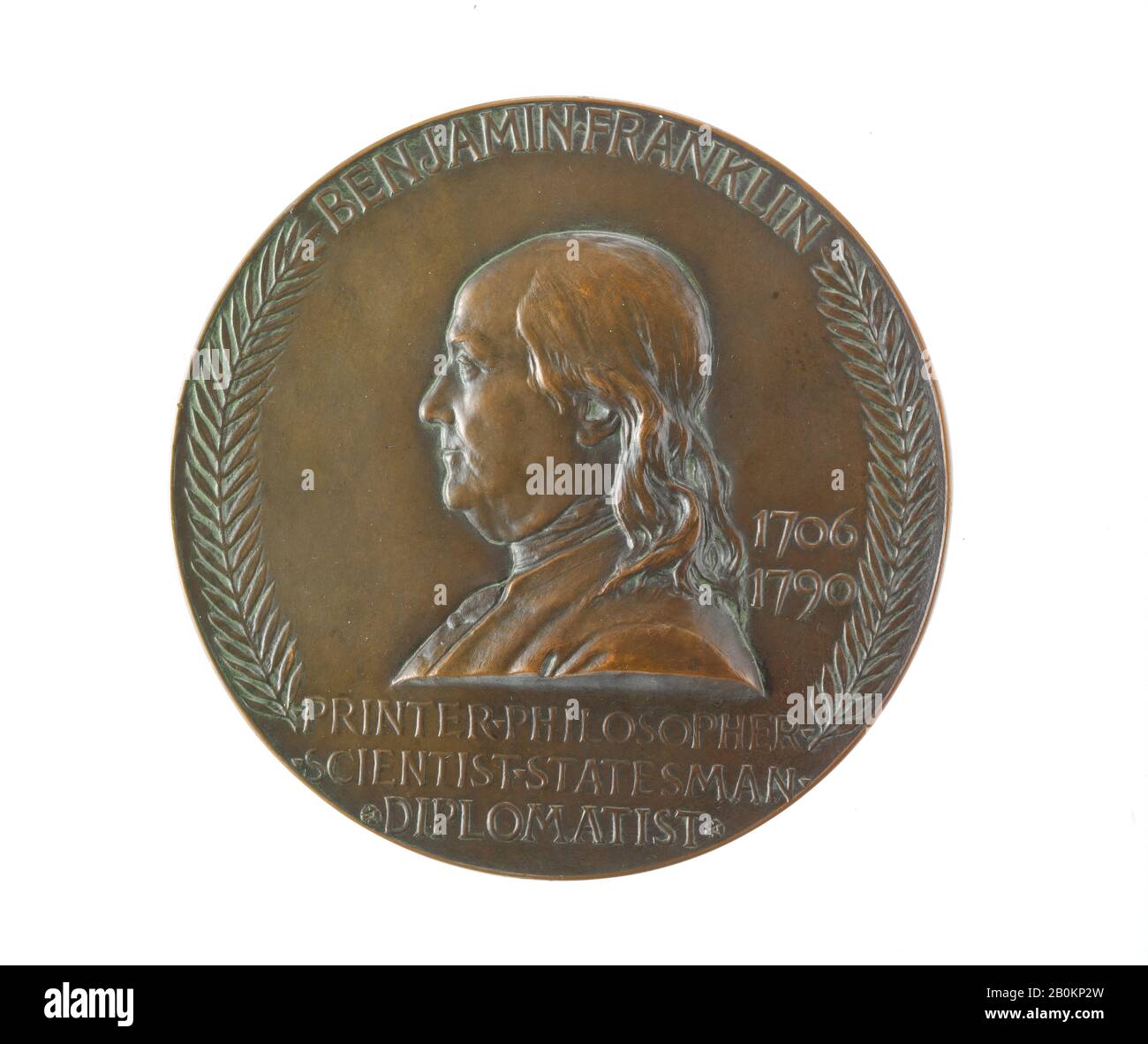Louis St. Gaudens, Benjamin Franklin Commemorative Medal, American, Louis St. Gaudens (34-1913), 1906, American, Bronze, Diam. 4 Zoll (10,2 cm), Skulptur Stockfoto