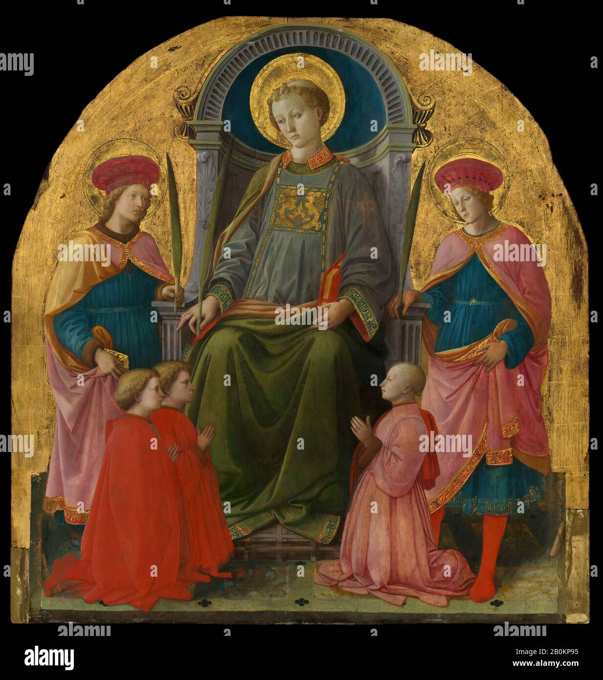 FRA Filippo Lippi, der heilige Laurentius Thronte mit Heiligen und Spendern, Fraa Filippo Lippi (Italienisch, Florenz Ca. 1406-1469 Spoleto), 1440er Jahre, Tempera auf Holz, Goldgrund, Zentralplatte (A), insgesamt, mit gewölbter Oberseite und hinzugefügten Streifen, 47 3/4 x 45 1/2 Zoll. (121,3 x 115,6 cm); rechte Abdeckung (b) 28 1/2 x 15 3/8 Zoll (72,4 x 39,1 cm); linke Abdeckung (c) 28 1/2 x 15 1/2 Zoll (72,4 x 39,4 cm) [Platten, die in Größe und Form wesentlich verändert wurden, Gemälde Stockfoto