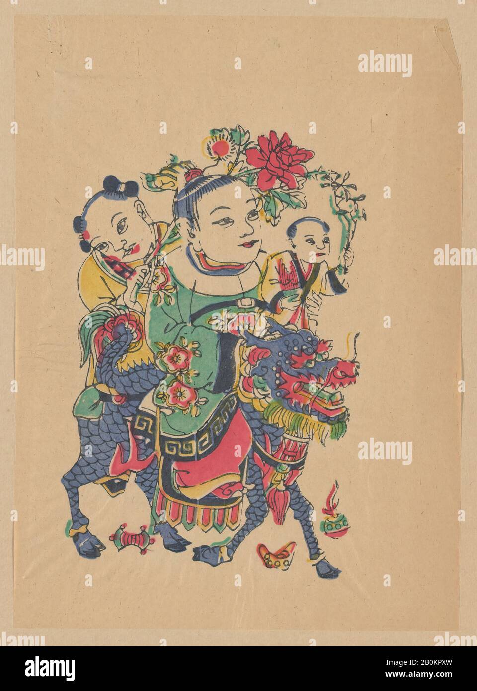 Einhundert fünfunddreißigste Holzschnitte, darunter Neujahrsbilder (Nianhua), Türgöttinnen, historische Figuren und taoistische Götter, China, 19.-20. Jahrhundert, China, Polychrom-Holzblockdruck; Tinte und Farbe auf Papier, Bild: 12 3/4 × 9 1/4 Zoll (32,4 × 23,5 cm), Mat: 14 3/4 × 20 1/8 Zoll (37,5 × 51,1 cm), Ausdrucke Stockfoto
