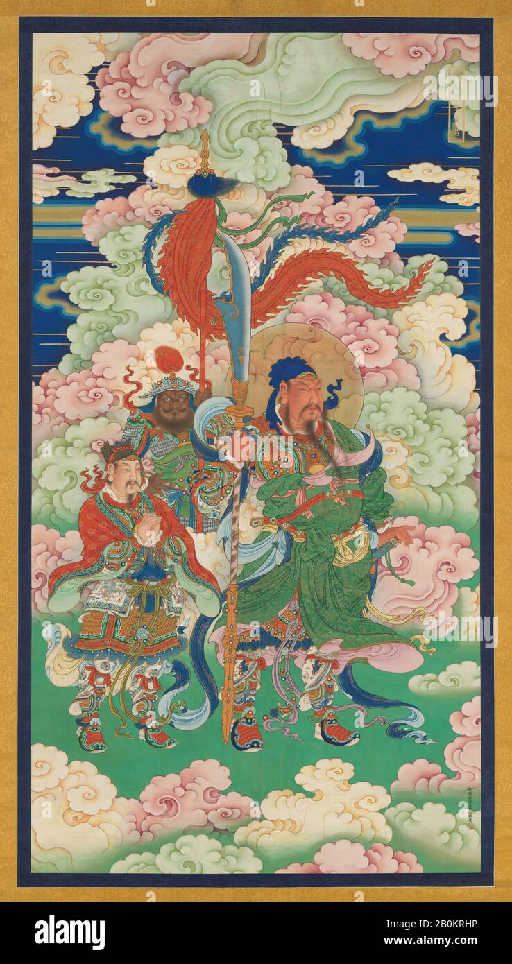 Nicht identifizierter Künstler, Guan Yu, China, Qing-Dynastie (1644-1911), nicht identifizierter Künstler, Ca. 1700, ca. 1700, China, Hängende Schriftrolle; Tinte, Farbe und Gold auf Seide, Bild: 68 1/8 x 36 7/16 Zoll (173 x 92,6 cm), Gesamt mit Montage: 105 1/8 x 48 11/16 Zoll (267 x 123,7 cm), Insgesamt mit Knöpfen: 105 1/8 x 52 1/2 Zoll (267 x 133,4 cm), Gemälde Stockfoto