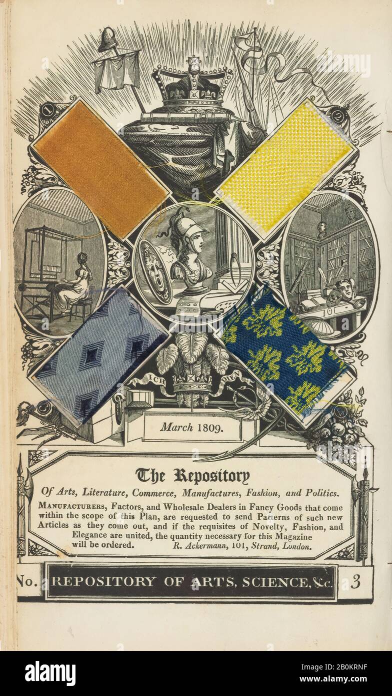 Rudolph Ackermann, London, The Repository of Arts, Literature, Commerce, Productives, Fashions, and Politics, 1st Series, Bd. 1, Robert Cooper (British, Active London, bis zum Jahre 1767 gestorben, einschließlich im Jahre 182), Nach dem Briten, Charles Pugin (Britisch (Born France), Paris 1768/69-1832 London), Nach Thomas Rowlandson (Brite, London 1757-1827 London), Nach Samuel Howitt (56-6, 167, 167, 167, 167, 167. Handfarbige Ätzung, Holzschnitt und Textilproben, 9 7/16 Zoll × 6 Zoll × 2 1/16 Zoll (24 × 15,3 × 5,2 cm Stockfoto