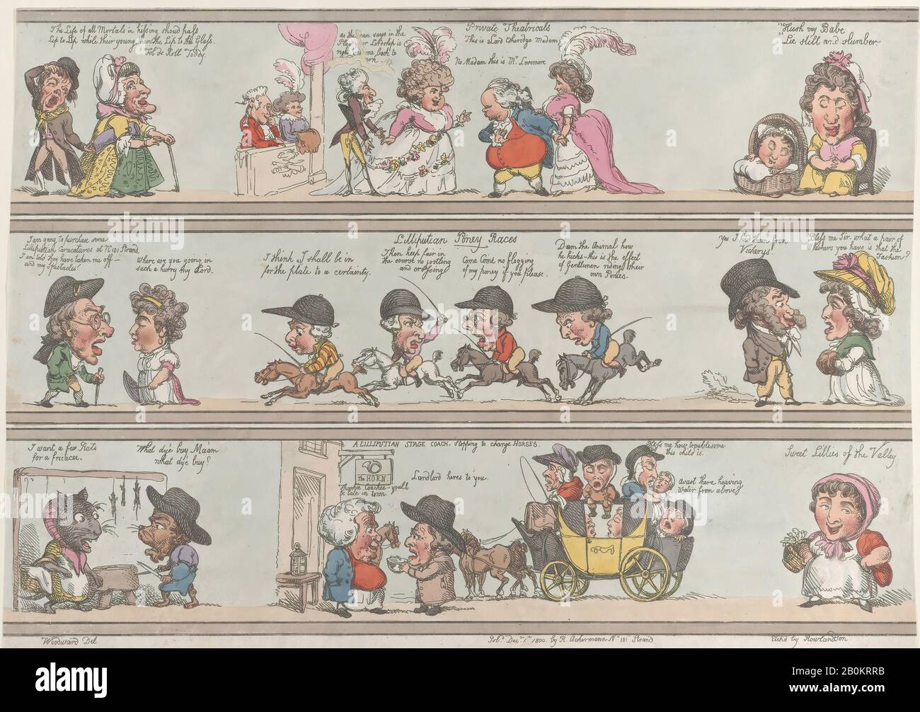 Thomas Rowlandson, Groteske Borders for Rooms & Halls, Thomas Rowlandson (Britisch, London 1757-187 London), Nach George Moutard Woodward (Britisch, Ca. 170-1809 London), 1. Dezember 1800, Handfarbige Radierung, Blatt (Getrimmt): 13 Zoll × 18 7/16 Zoll (33 × 46,9 cm), Ausdrucke Stockfoto