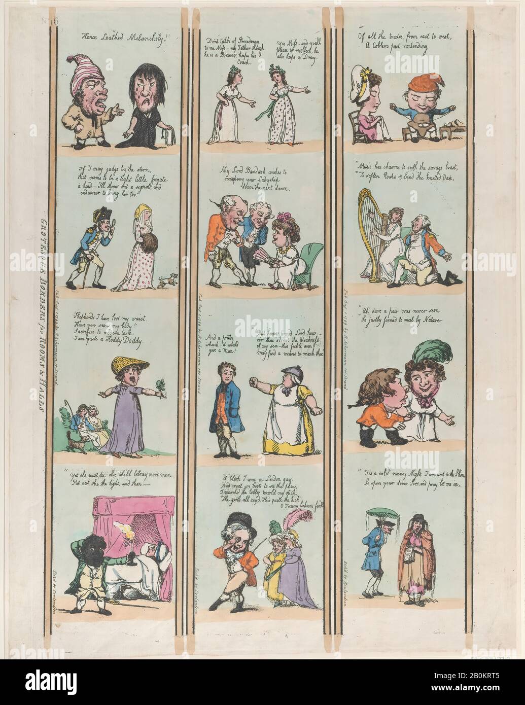 Thomas Rowlandson, Groteske Borders for Rooms & Halls, Plate 16, Thomas Rowlandson (Britisch, London 1757-1827 London), Nach George Moutard Woodward (Britisch, Ca. 170-1809 London), 1. August 1799, Handfarbige Radierung, Blatt (Getrimmt): 15 3/16 × 19 7/16 Zoll (38,5 × 49,4 cm), Ausdrucke Stockfoto