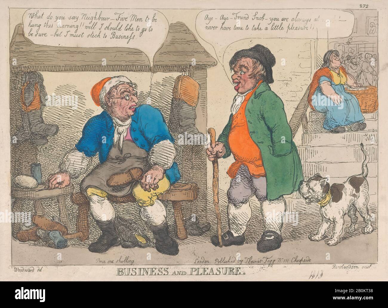 Thomas Rowlandson, Business and Pleasure, Thomas Rowlandson (Britisch, London 1757-187 London), Nach George Moutard Woodward (Britisch, Ca. 170-1809 London), [187], Nachdruck, Handkolorierte Radierung, Blatt: 9 7/16 × 13 3/16 in. (24 × 33,5 cm), Ausdrucke Stockfoto