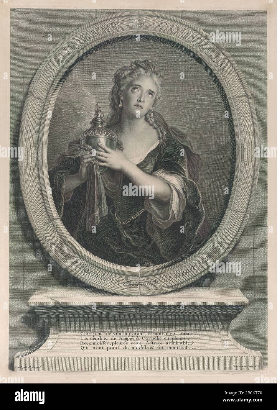 Pierre Imbert Drevet, Porträt von Adrienne Lecouvreur als Cornelia in Corneilles 'La Mort de Pompée', Pierre Imbert Drevet (Französisch, Paris 1697-1739 Paris), Nach Charles Antoine Coypel (Französisch, Paris 1694-1752 Paris), Adrienne Lecouvreur (Französisch, Damery 1692-1730 Paris), 1730, Gravur; 16. Von 11 ×. (41,3 × 29,5 cm), Blatt: 17 Zoll × 12 3/8 Zoll (43,2 × 31,5 cm), Ausdrucke Stockfoto