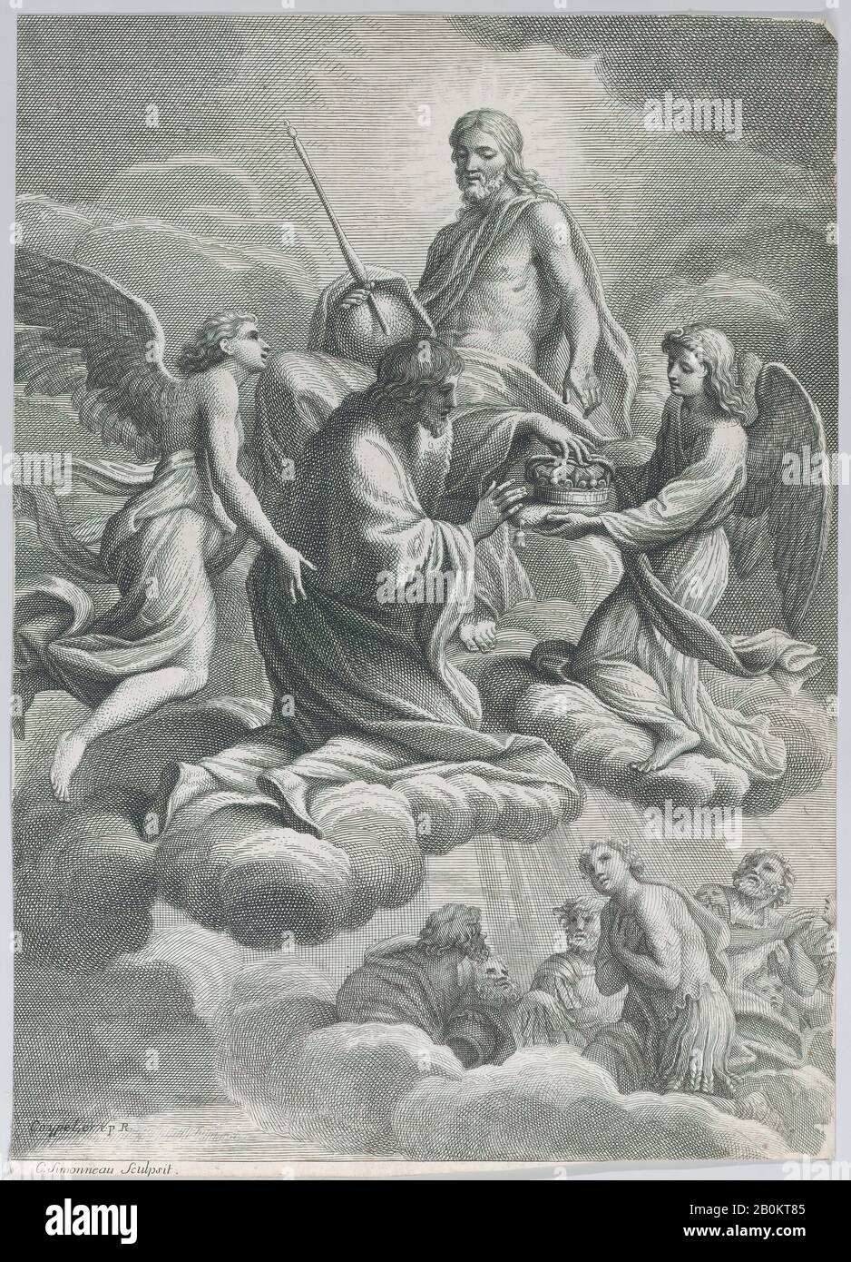 Charles Simonneau, der heilige Ludwig von Frankreich, wurde von Christus und zwei Engeln in den Himmel aufgenommen, die ihm die Krone von Frankreich, Charles Simonneau (Französisch, Orléans vor 1645-1728 Paris), Nach Andrea Sacchi (Italienisch, Rom (?) Ca. 1599-1661 Rom), 1671-80, Gravur, Bogen (Getrimmt): 11 7/16 × 8 1/8 Zoll (29 × 20,6 cm), Ausdrucke Stockfoto