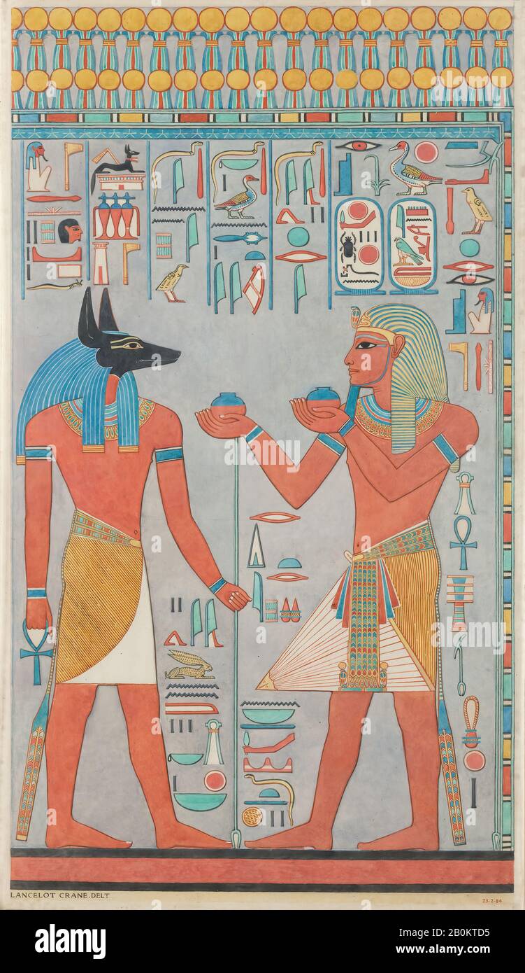 Lancelot Crane, Der König mit Anubis, Grab von Haremhab, Zwanzigstes Jahrhundert; Original New Kingdom, Lancelot Crane (1880-1918), Dynastie 18, Herrschaft von Haremhab, A.D. 1910-1911; Original Ca. 1323-1295 v. Chr., Aus Ägypten, Oberägypten, Theben, Tal der Könige, Grab von Haremhab (KV 57), Tempera auf Papier, Faksimile H. 63 cm; w. 35,5 cm (14 Zoll), Unbekannte Skala, Gerahmt H. 65,4 cm (25 3/4 Zoll); w. 38,7 cm Stockfoto