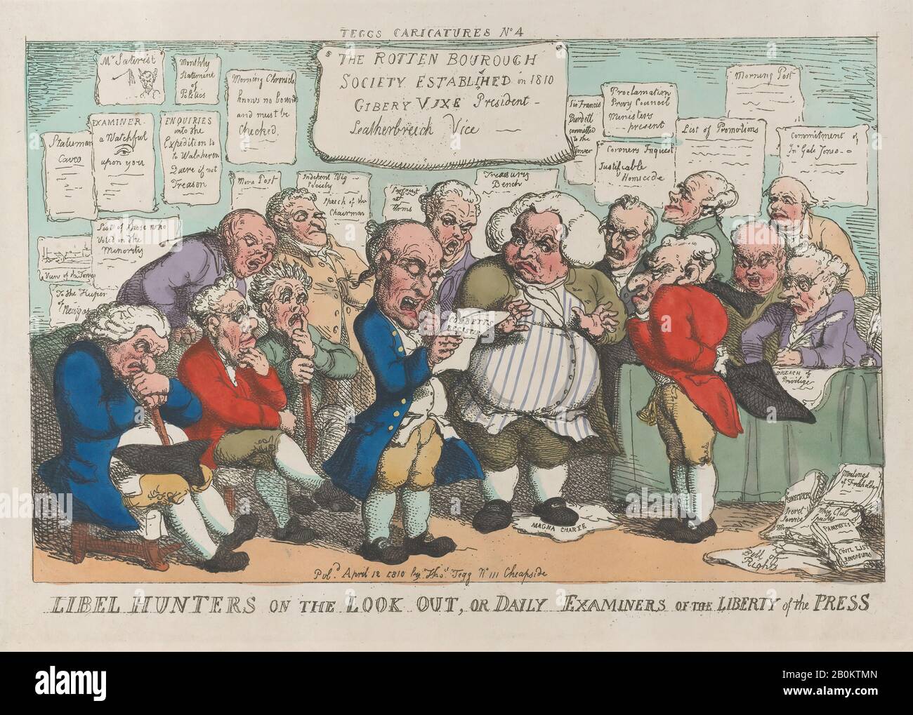 Thomas Rowlandson, Libel-Hunters on the Lookout oder Daily Examiners of the Liberty Press, Thomas Rowlandson (Britisch, London 1757-1827 London), 12. April 1810, Handfarbige Radierung, Platte: 9 5/8 × 13 11/16 in. (24,5 × 34,8 cm), Blatt: 10 1/2 × 14 3/8 Zoll (26,7 × 36,5 cm), Ausdrucke Stockfoto