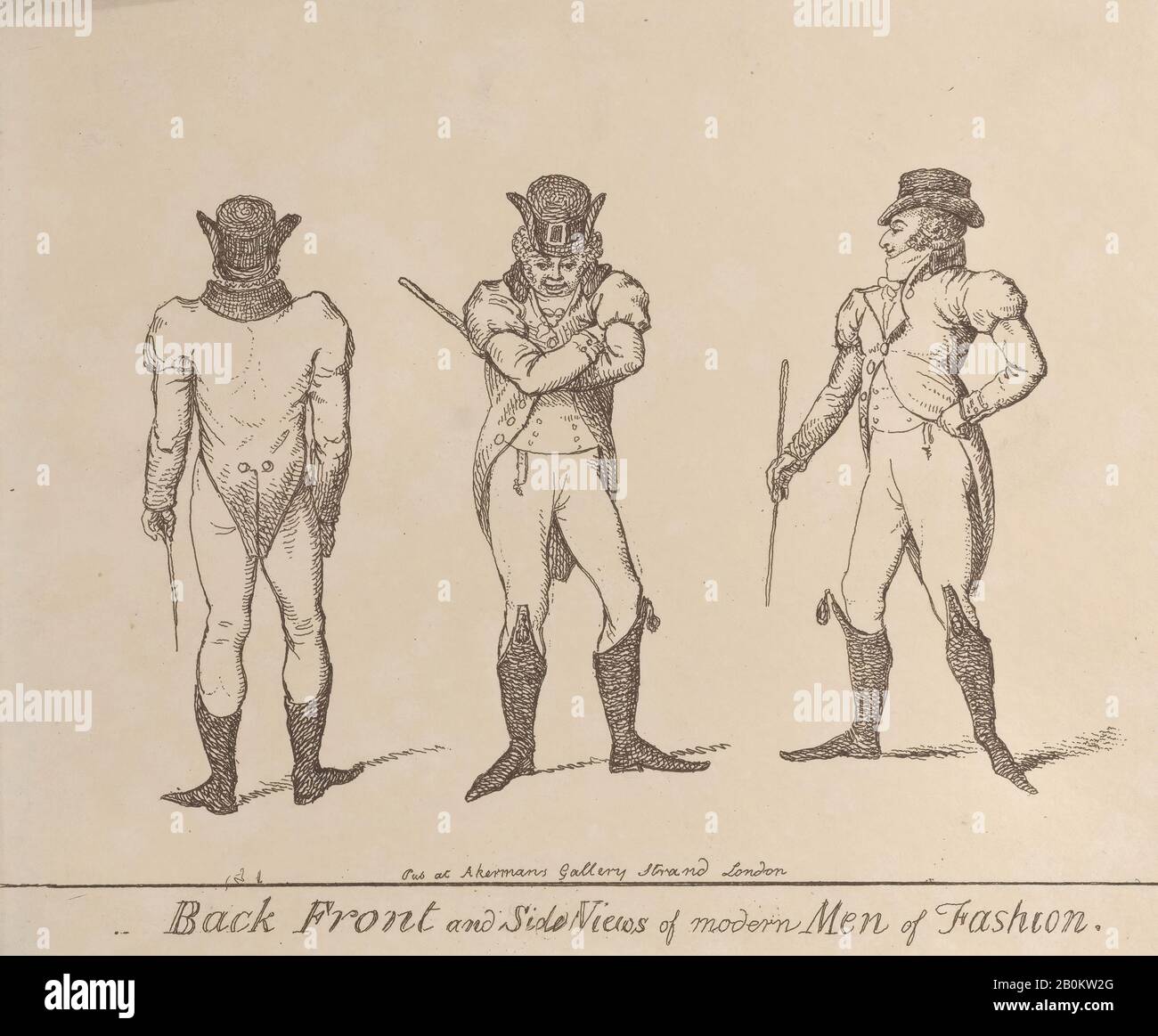 Anonyme, britische, frühe 19. Jahrhundert-, Back-, Front- und Seitenansichten der Modernen Modemansichten: Mode ein wenig vor 1800, Anonymous, Britisch, Anfang 19. Jahrhundert, Ca. 1800, Radierung, Blatt: 7 13 / 16 × 9 7/16 Zoll (19,8 × 24 cm), Ausdrucke Stockfoto