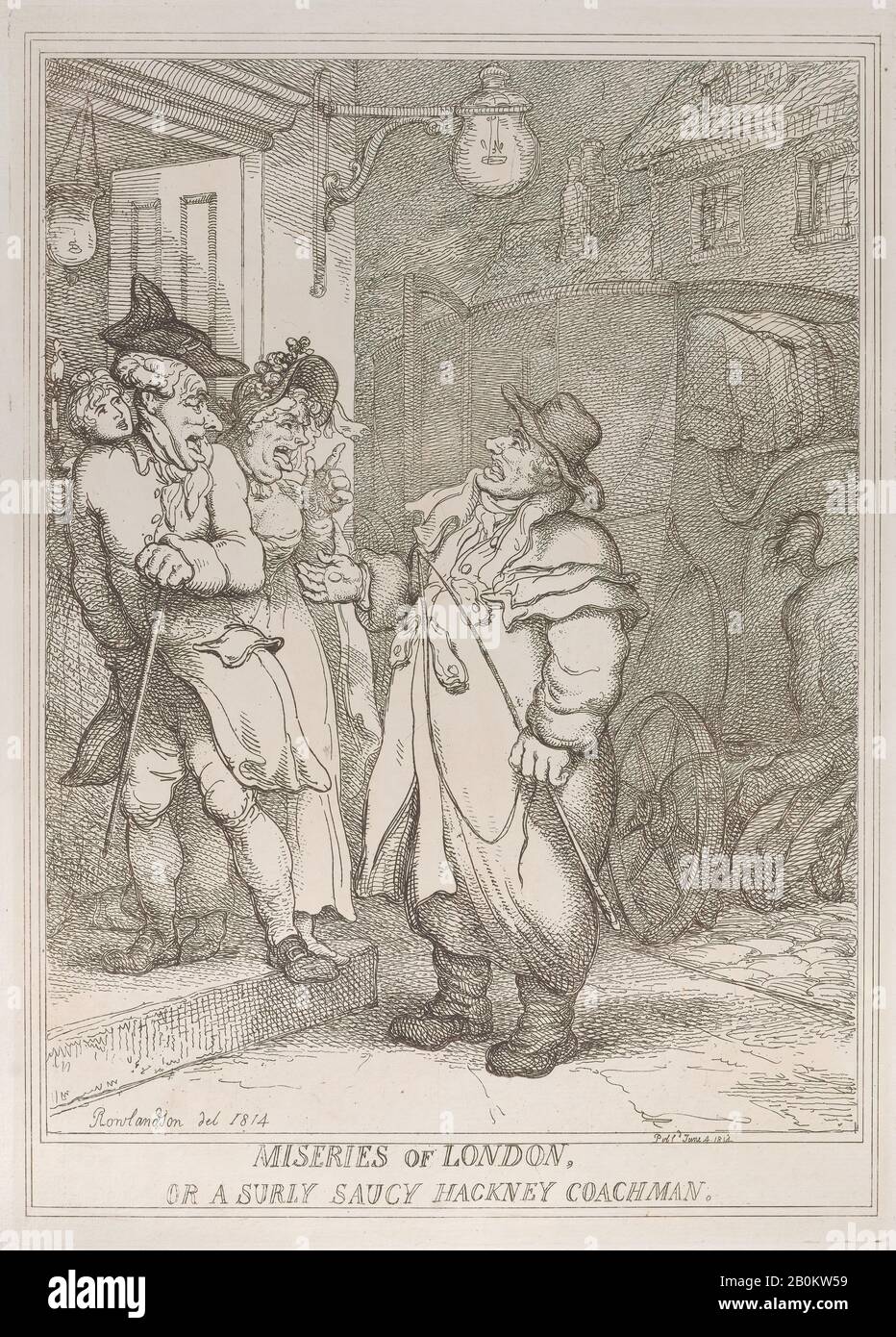 Thomas Rowlandson, Miseries of London, or a Surly Saucy Hackney Coachman, Thomas Rowlandson (British, London 1757-187 London), 4. Juni, 1814, Radierung, Platte: 13 7/8 × 9 13 / 16 in. (35,3 × 25 cm), Blatt: 19 5/8 × 13 11/16 Zoll (49,8 × 34,8 cm), Ausdrucke Stockfoto