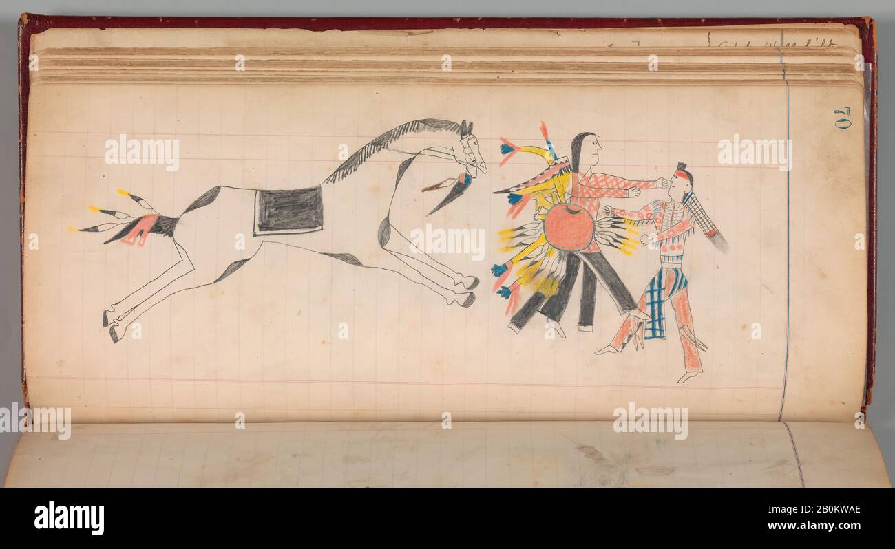 Maffet Ledger: Zeichnung, Süd- und Nordcheyenne, ca. 55-81, Vereinigte Staaten, Oklahoma, Southern and Northern Cheyenne, Graphite, Aquarell und crayon auf Papier, H. 11 3/4 × W. 5 1/4 Zoll. (29,8 × 13,3 cm), Paper-Drawings Stockfoto